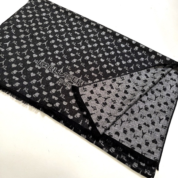 New Karl Lagerfeld Paris Scarf Logo Eiffel Tower 70"x 28" Black Metallic Silver - Picture 2 of 6